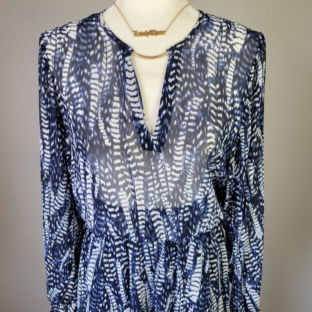 H&M // ultra-glam blue & white feathered print semi-sheer long maxi dress - Picture 4 of 15